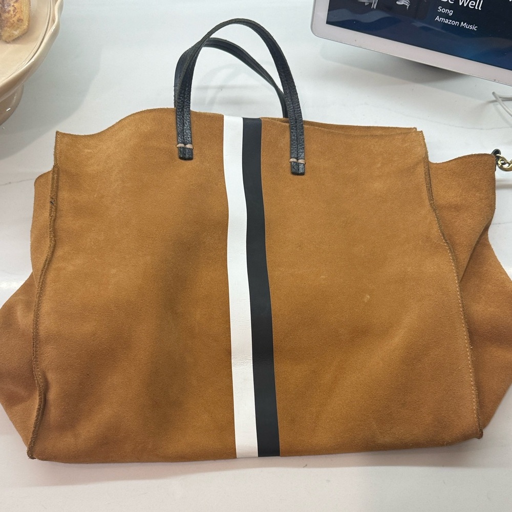 Suede Tote Bag with Center Stripe - Tan